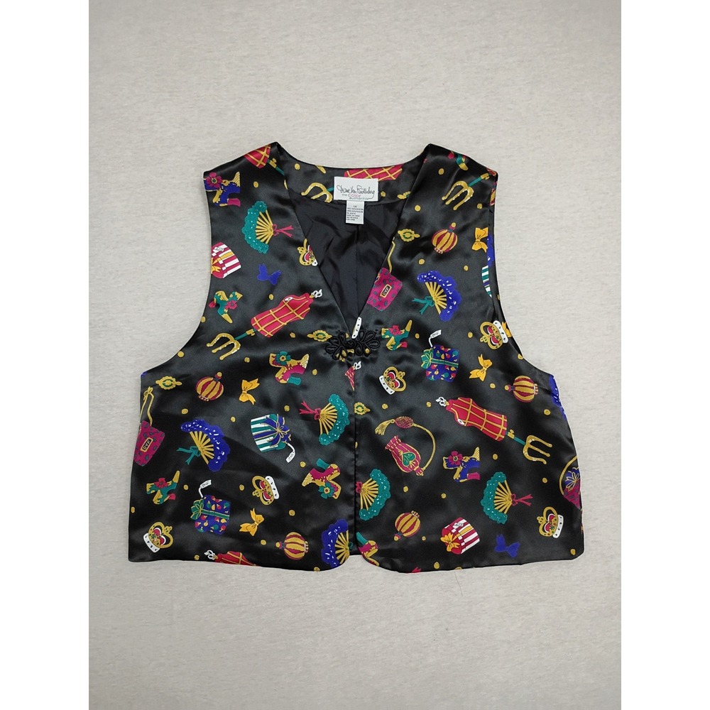 Diane Von Furstenberg DVF Vintage Novelty Print Satin Vest Black 1X Frog Closure